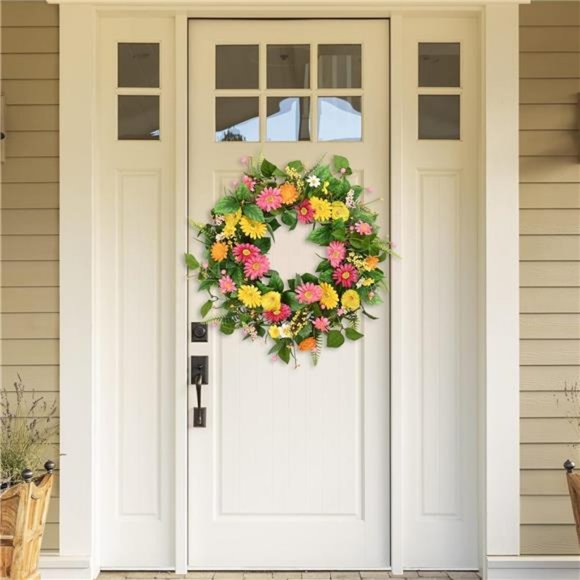 Spring Wreaths for Front Door, 22'' Summer Front Door Wreath with Daisy Flowers - Picture 2 of 7